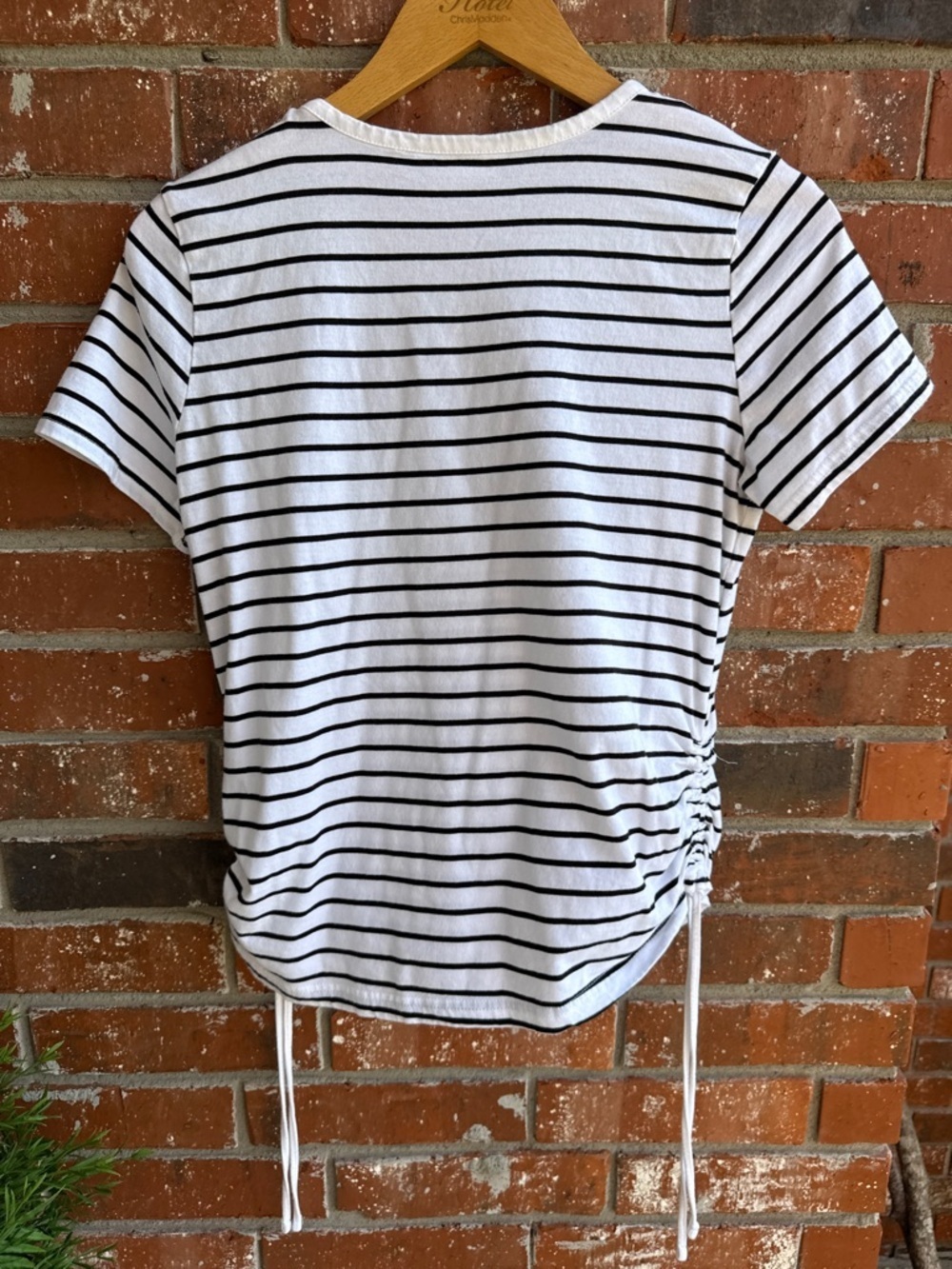 Time and Tru White Tee with Black Stripes and Side Ties - Picture 2 of 4